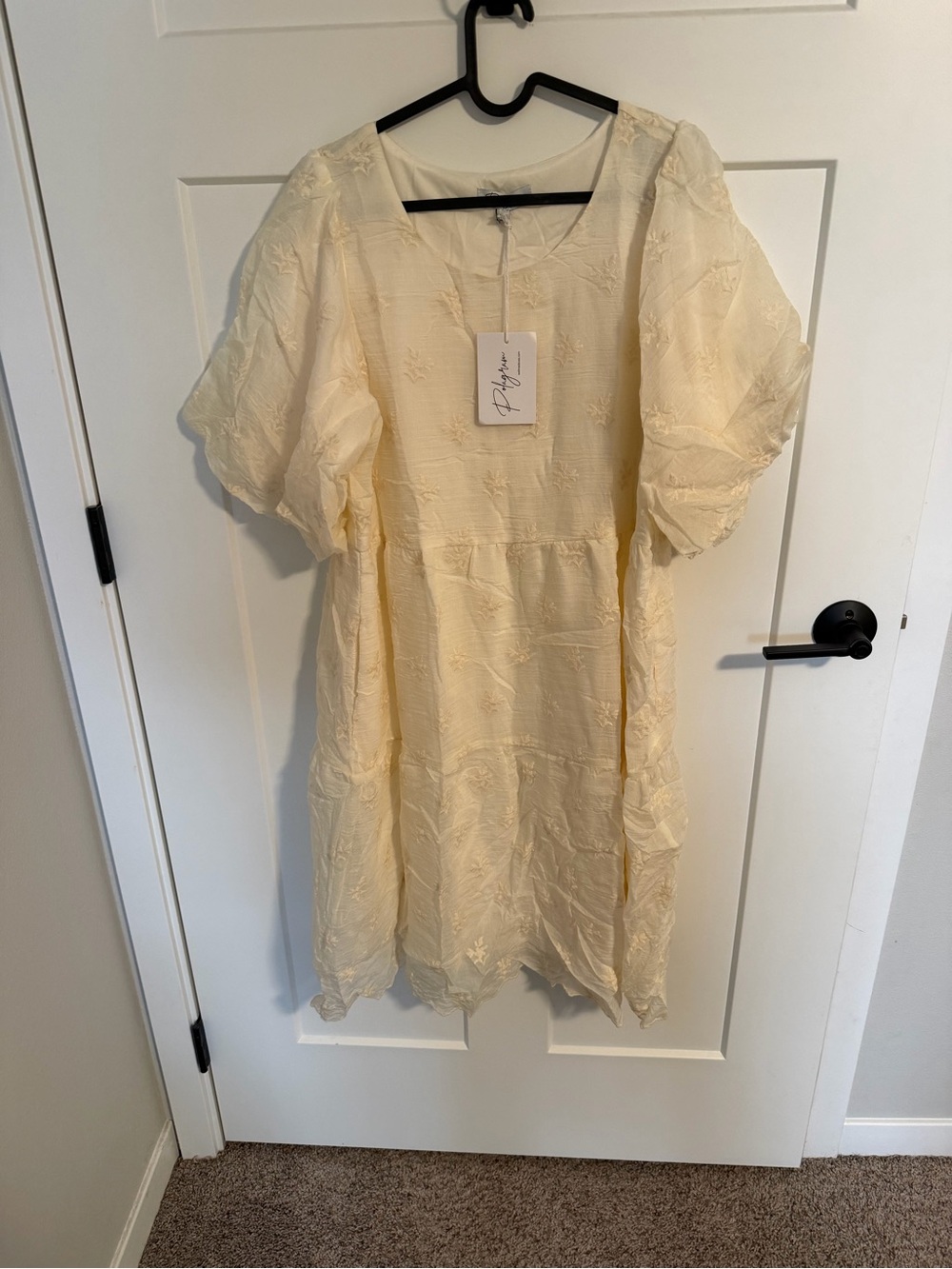 Polagram Cream Embroidered Puff-Sleeve Midi Dress